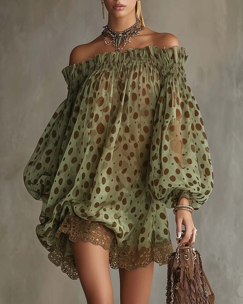 Sukienka Lampart-Wzór Off-Shoulder Koronka Patchwork