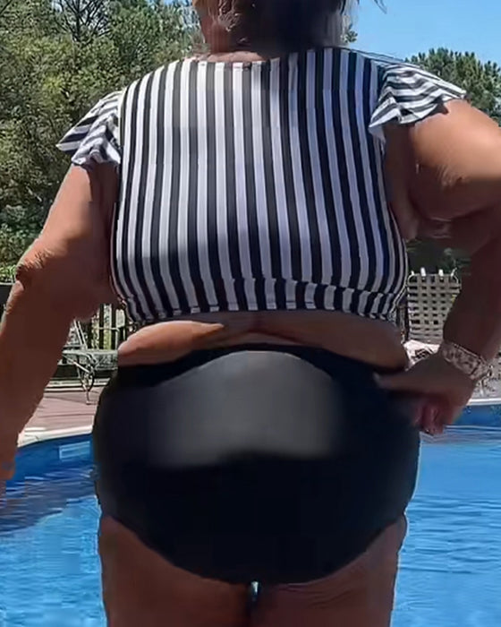 Bikini W Paski Rękaw Motylkowy Dekolt U