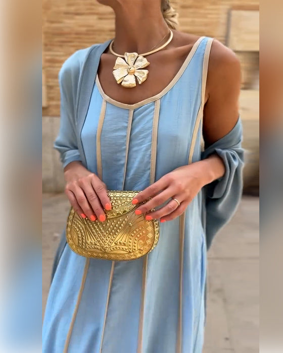 Wsadzony Drukowany Okrągły Dekolt Długa Sukienka Casual Top Dwie Części