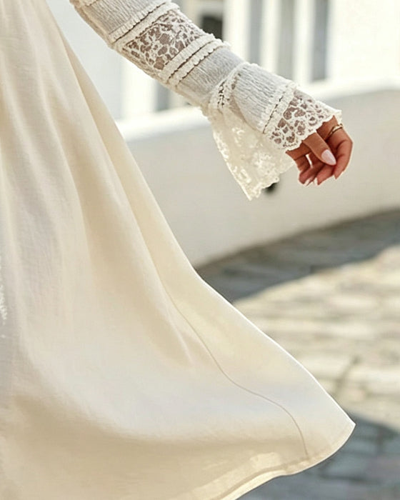 Sukienka Jednolity Kolor V-Neck Koronka Patchwork
