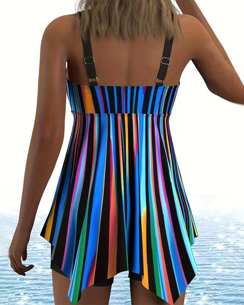 Tankini Dekolt V Tęczowe Paski Nieregularne