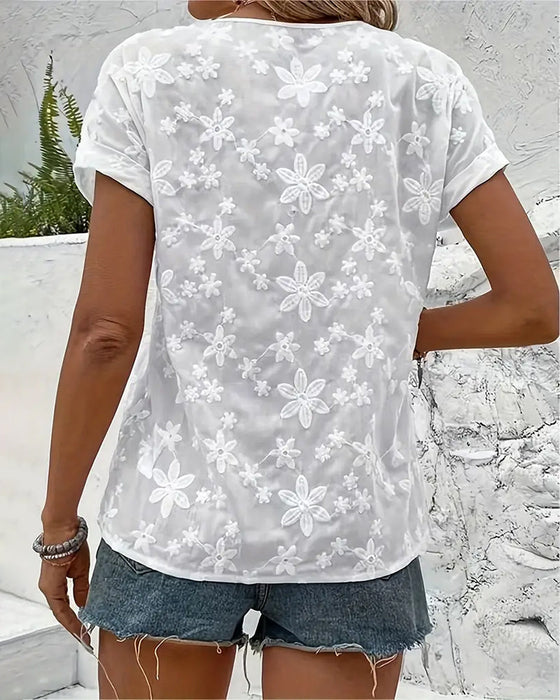 Koronkowa bluzka w jednolitym kolorze z dekoltem w kształcie litery V