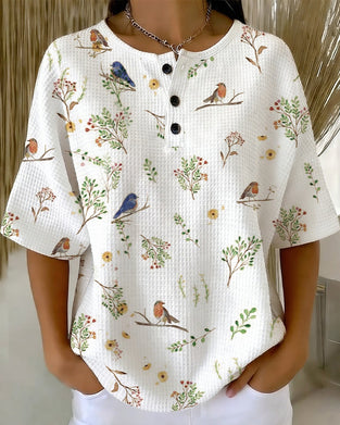 T-Shirt Okrągły Dekolt Guzik Wafel