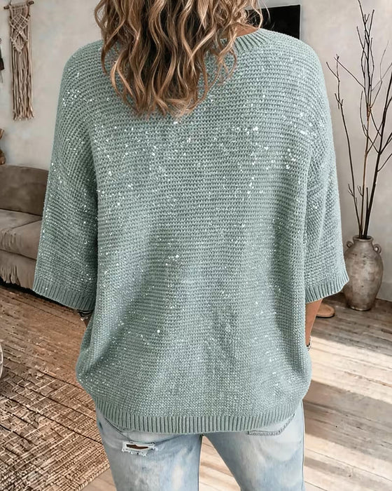 Sweter Okrągły Dekolt 3/4 Rękaw Swobodny