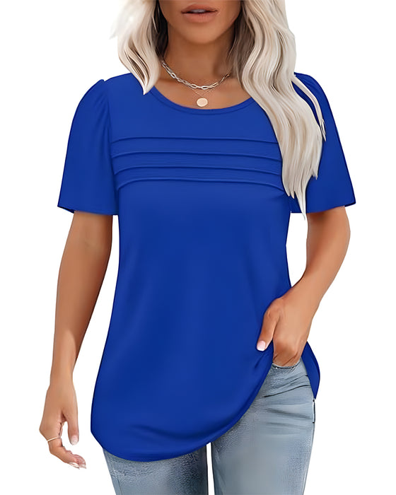 T-Shirt Plisowany Luźny Okrągły Dekolt Krótki Rękaw