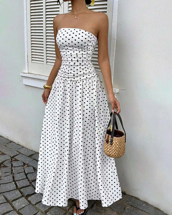 Sukienka Bandeau W Kropki Linia A Długa