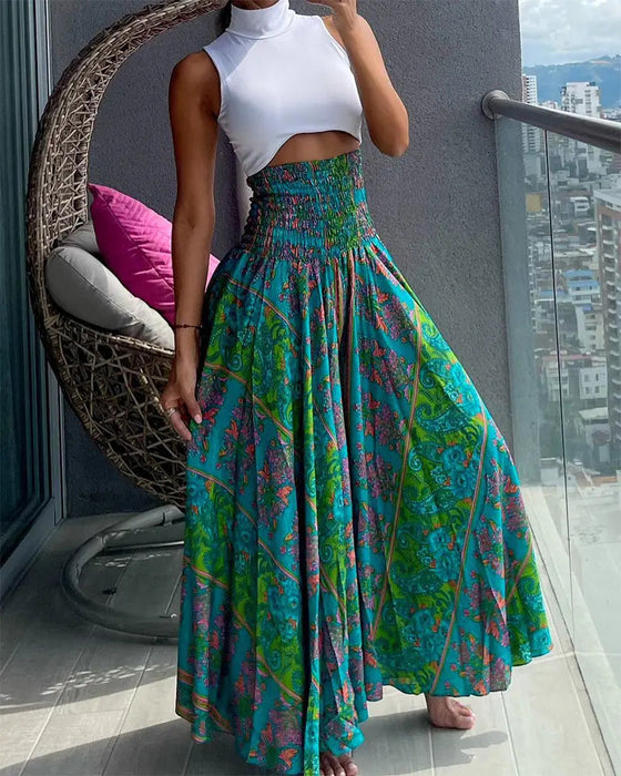 Eleganckie spodnie z szeroką nogawką i nadrukiem w stylu vintage