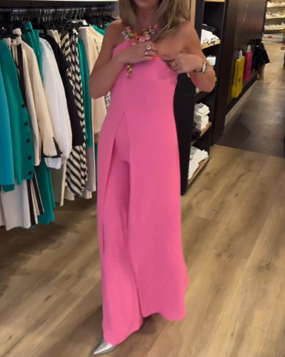 Dwuczęściowy komplet z dekoltem typu halter i rozcięciem w jednolitym kolorze