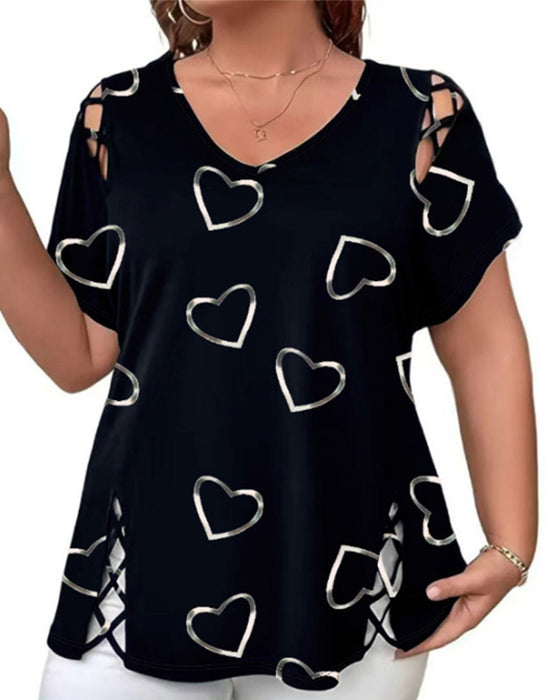 T-Shirt Wzór Serce Ażurowy Krótki Rękaw