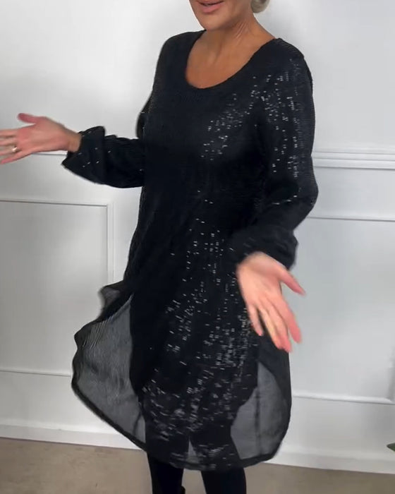 Sukienka elegancka z rękawami typu lampion i cekinami w kształcie litery A