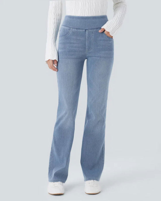 Spodnie Wysoki Stan Denim Kieszeń Dzwony