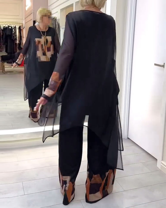 Garnitur Elegancki Długi Rękaw Nadruk Szerokie Nogawki