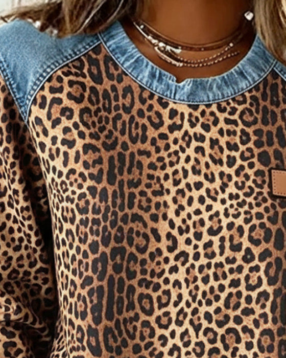 Bluza Leopardzi Print Dżins Patchwork