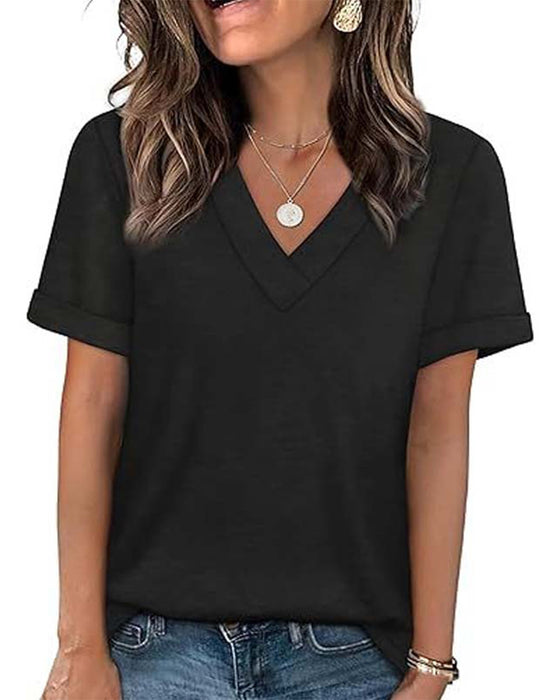 T-Shirt Jednokolorowy Dekolt W Kształcie Litery V Casual Krótki Rękaw