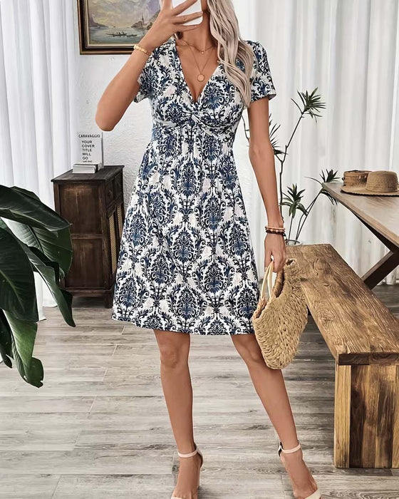 Sukienka Dekolt W Marszczona Wysoki Stan Boho