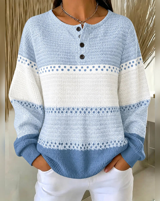 Bluza Blok Kolorów Dzianina Waflowa Henley Sweter