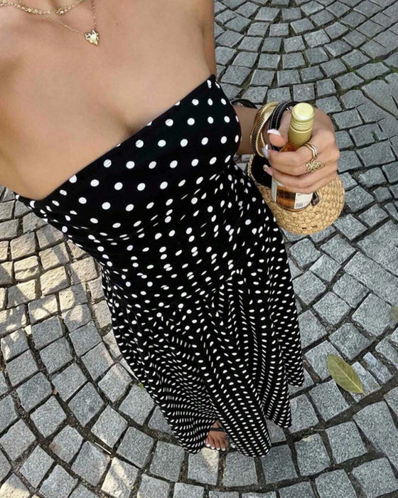 Sukienka Bandeau W Kropki Linia A Długa