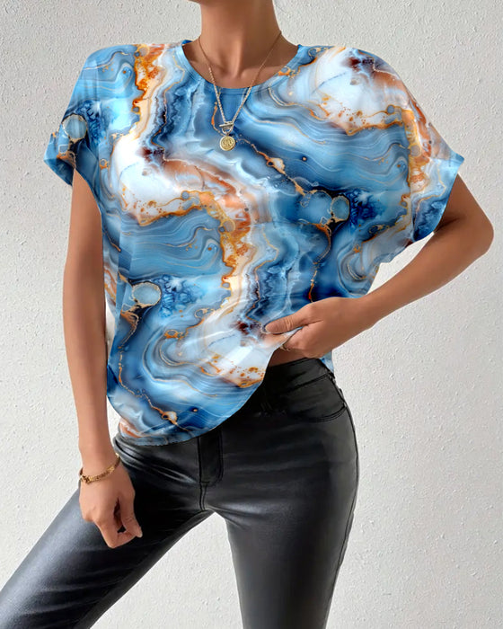 T-shirt Okrągły Dekolt Marmurkowy Wzór
