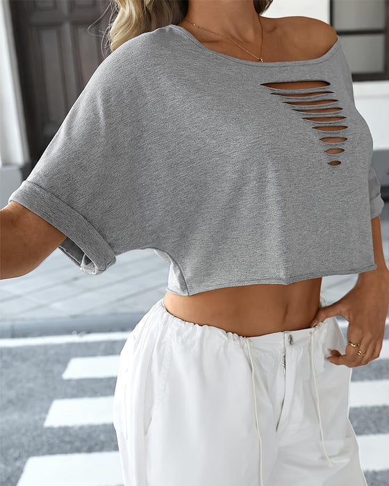 Koszulki Off-Shoulder Asymetryczny Podarty Podwinięty Brzeg