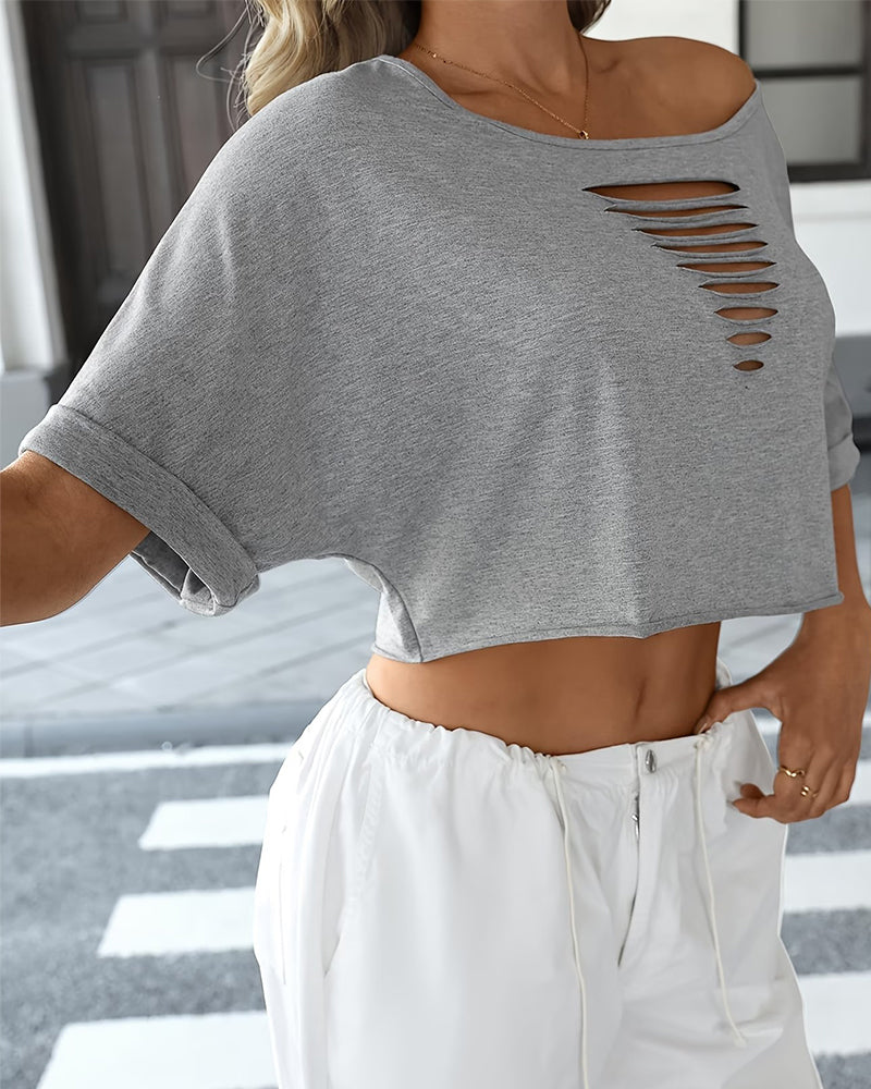 Koszulki Off-Shoulder Asymetryczny Podarty Podwinięty Brzeg