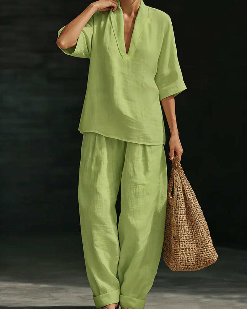 Komplet Dekolt W-Serek Krótki Rękaw Bawełna Len