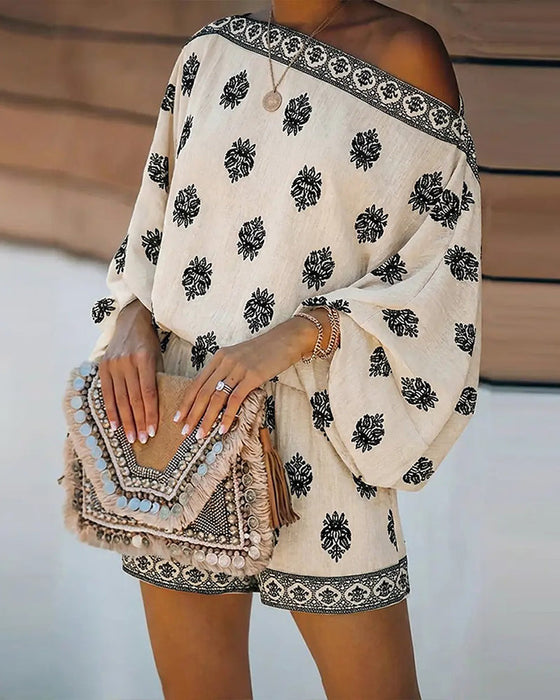 Zestaw Damski 2 Części Strój Boho Top I Szorty