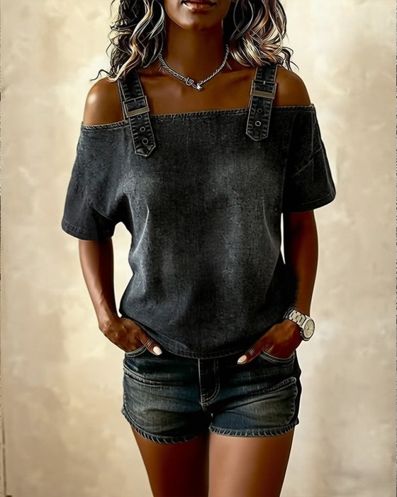 Bluzka Off-Shoulder Z Paskiem Na Ramieniu Denim