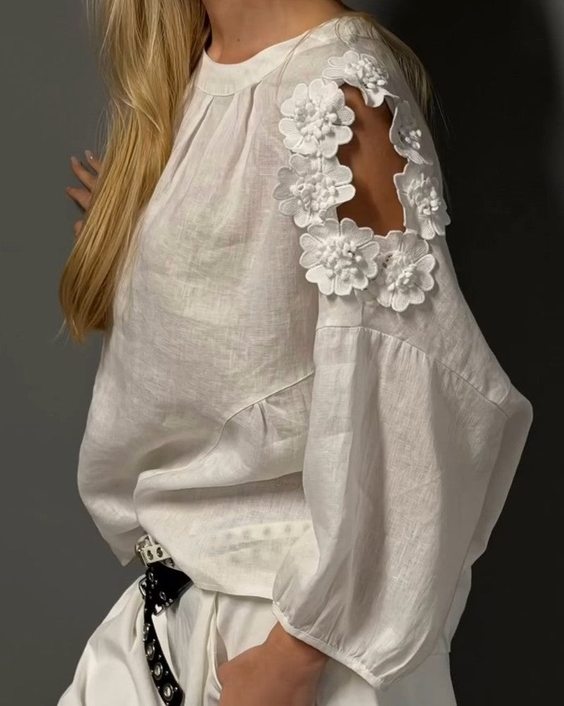 Bluzy Okrągły Dekolt Wycięcie Off-Shoulder 3D Kwiatowy