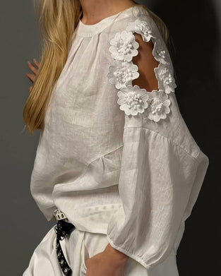 Bluzy Okrągły Dekolt Wycięcie Off-Shoulder 3D Kwiatowy