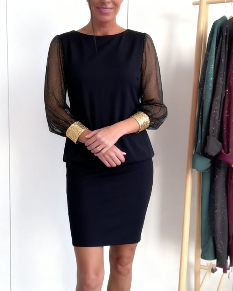 Sukienka Tiul Kontrast Kolorów Długi Rękaw