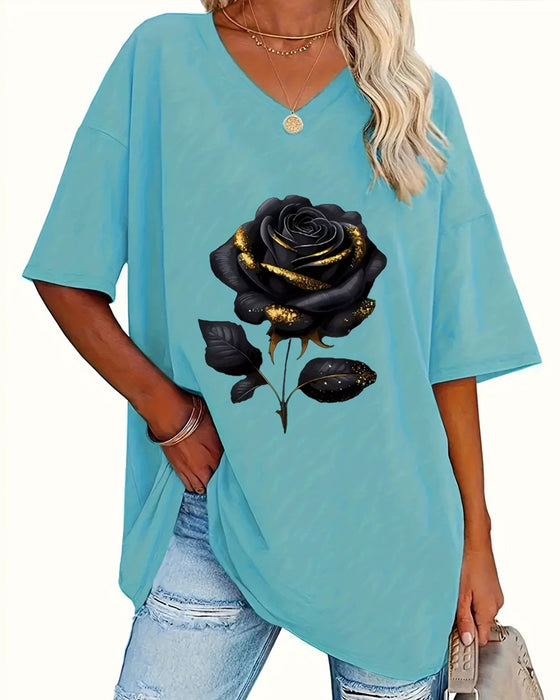 T-Shirt Wzór Róża Luźny Krój Półrękawek