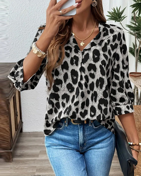 Bluzka 3/4 Rękaw Leopardzi Nadruk Luźna