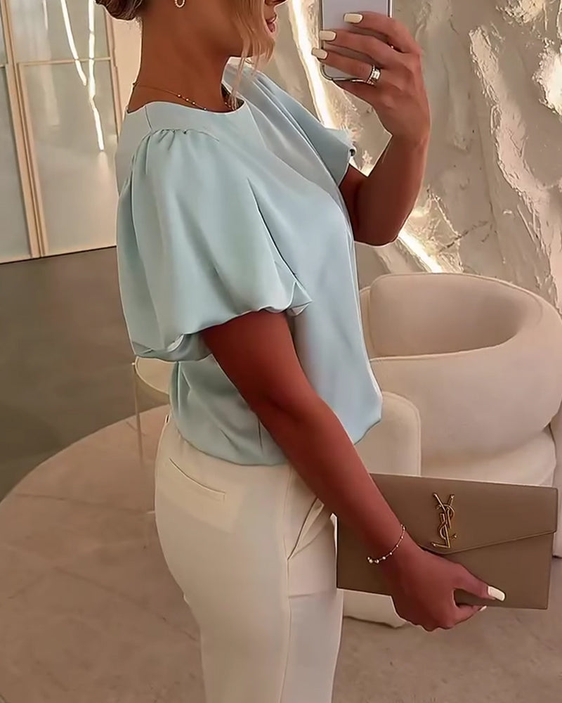 Bluzy Satyna Krótki Rękaw Drapowanie