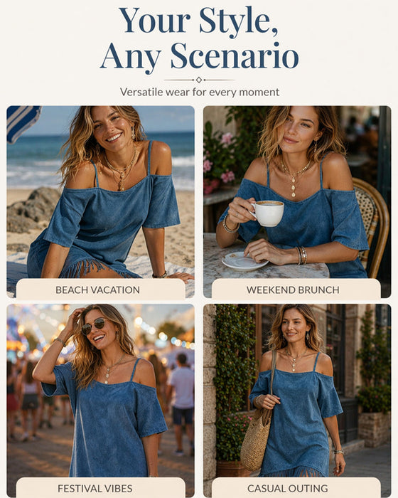 Sukienka Ramiączko Spaghetti Frędzle Gładki Off-Shoulder