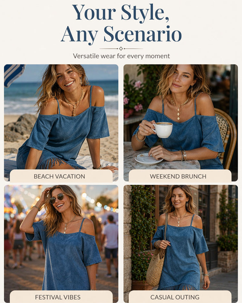 Sukienka Ramiączko Spaghetti Frędzle Gładki Off-Shoulder