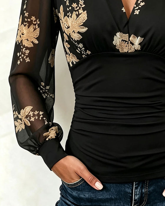 Top Dekolt V Siatka Patchwork Drukowany