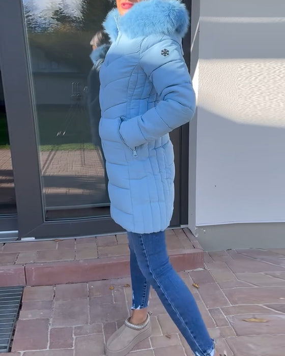 Swobodna jednokolorowa pikowana kurtka z kapturem i kieszenią na zamek