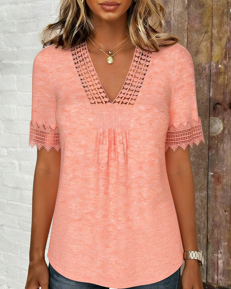 Bluzka Koronka Patchwork Z Dekoltem W Szyję Krótki Rękaw