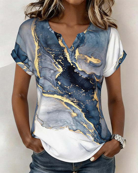 T-Shirt Marmurkowy Druk Dekolt W