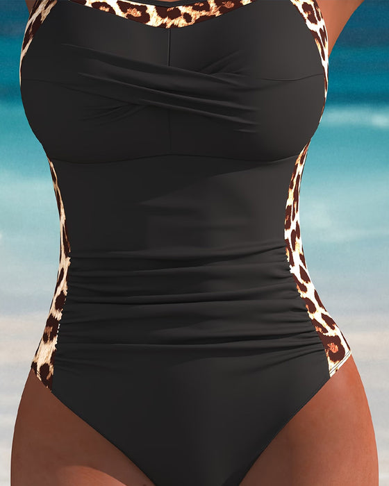 One-Piece Halter Lampart Druk Patchwork