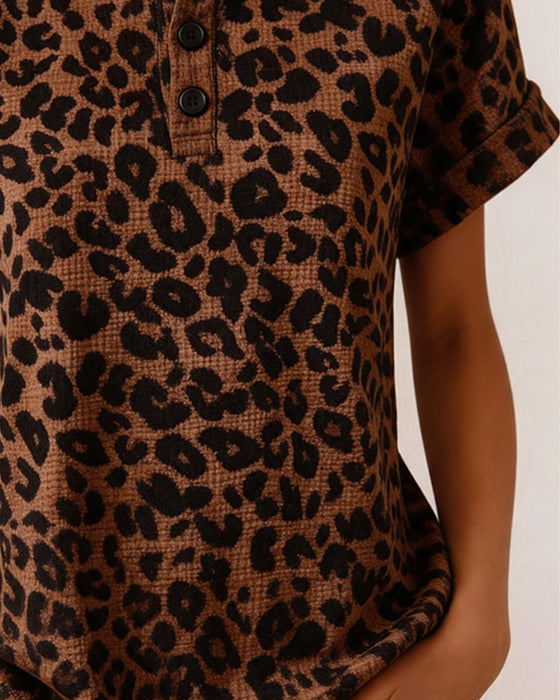 Top Dekolt Henley Lampart Nadruk Gofrowany
