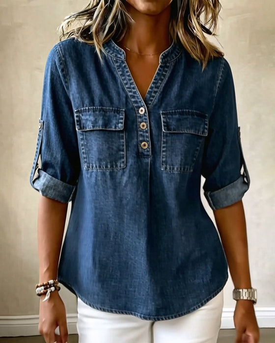 Bluzka Denim V-Szyja Swobodny