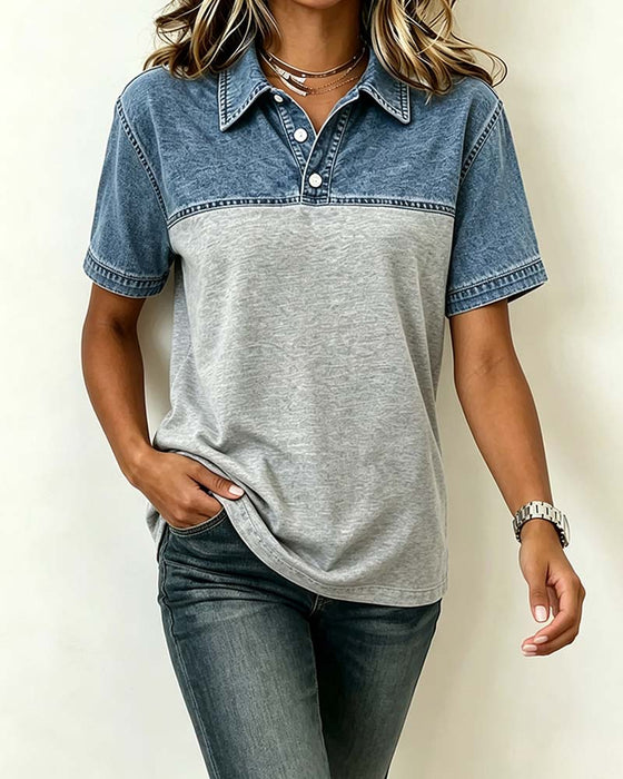 Bluzka Krótki Rękaw Kołnierz Koszula Denim Patchwork