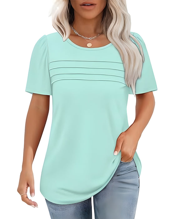 T-Shirt Plisowany Luźny Okrągły Dekolt Krótki Rękaw