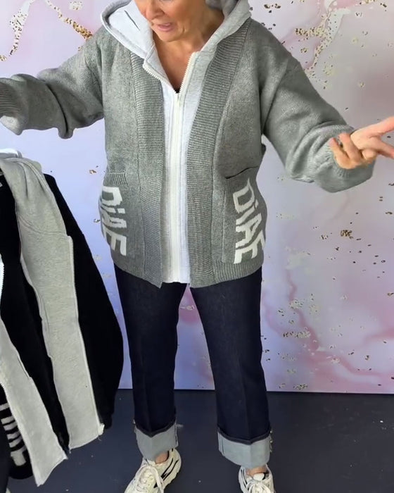 Luźny Sweter Płaszcz z Długim Rękawem i Nadrukiem Liter