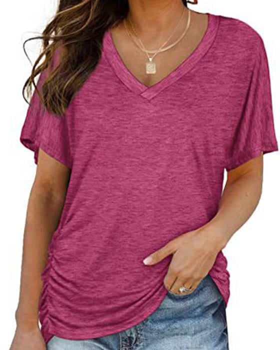 T-Shirt Plisowany Jednokolorowy Dekolt W Serek