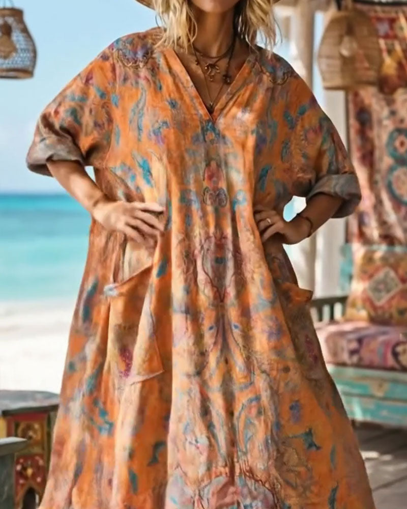 Sukienka Retro Kwiatowy Nadruk V Dekolt Maxi