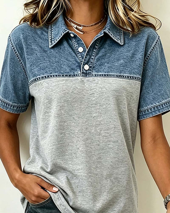 Bluzka Krótki Rękaw Kołnierz Koszula Denim Patchwork