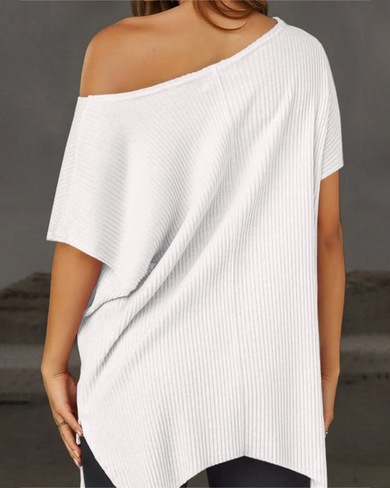T-Shirt Nieregularny Off-Shoulder Krótki Rękaw Żebrowany