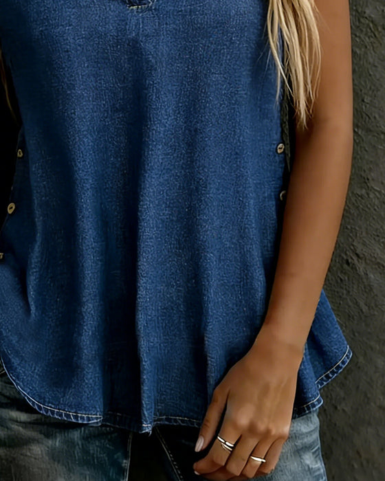 Bluzy V-Szyja Krótki Rękaw Denim Guzik